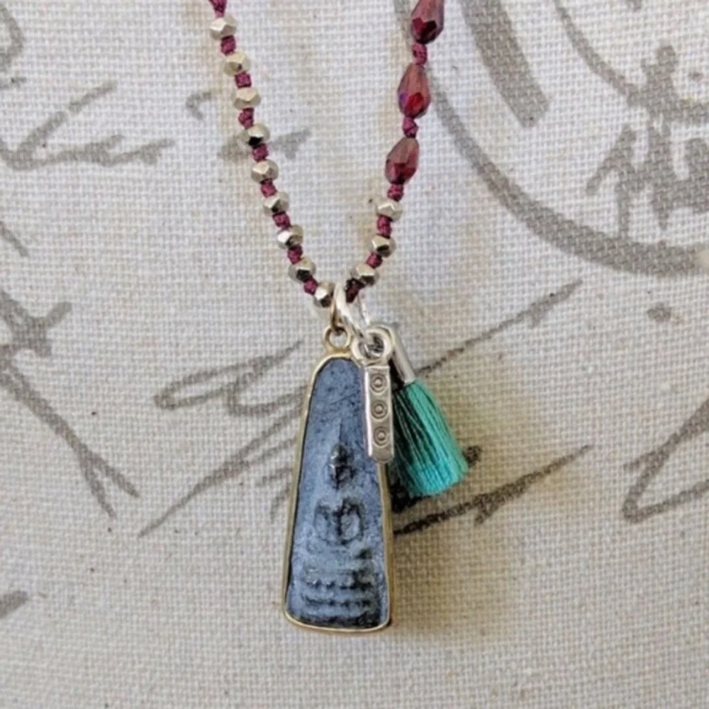Sundance Catalog Long Beaded Garnet Red Buddha Amulet Pendant Necklace - Picture 2 of 3